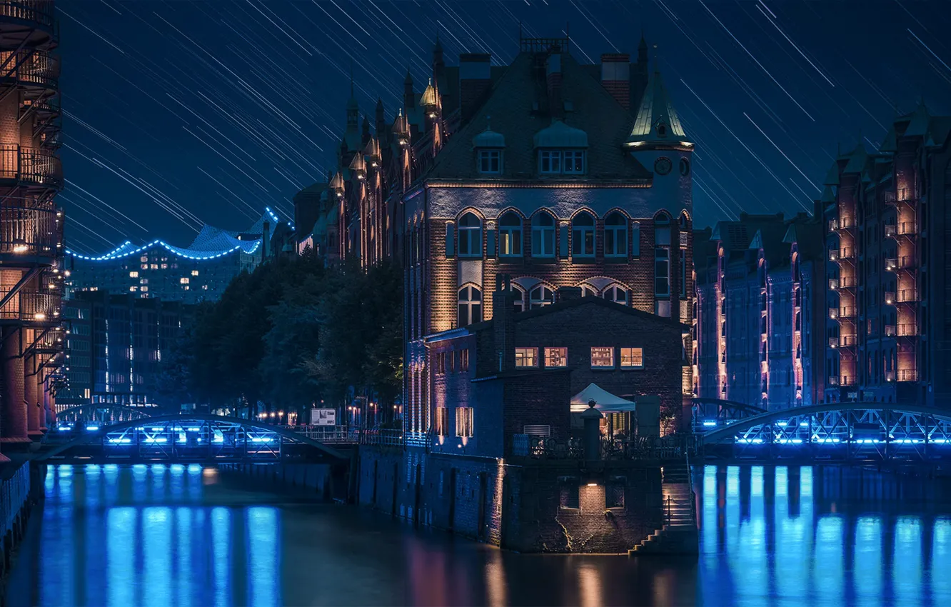 Photo wallpaper trees, night, bridge, the city, lights, reflection, building, home