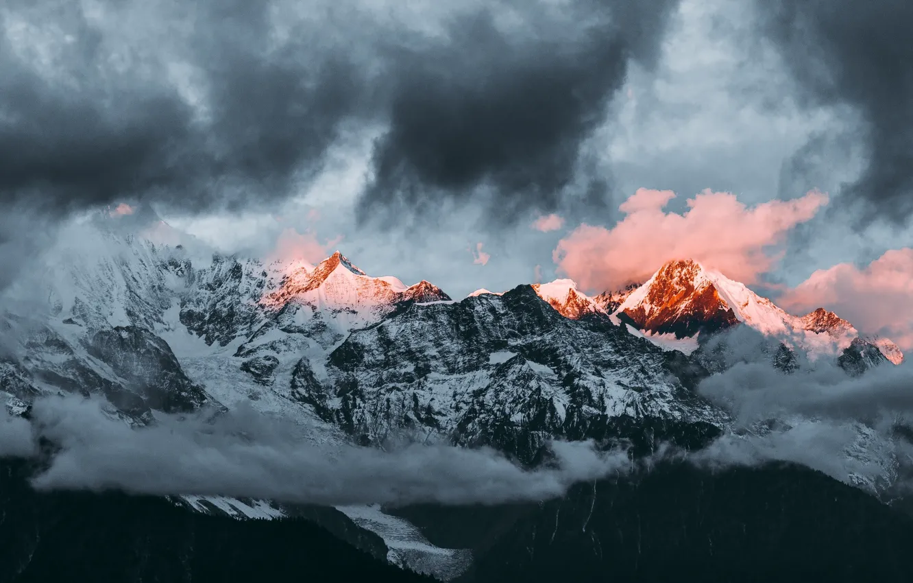 Photo wallpaper winter, the sky, clouds, snow, mountains, clouds, nature, rocks
