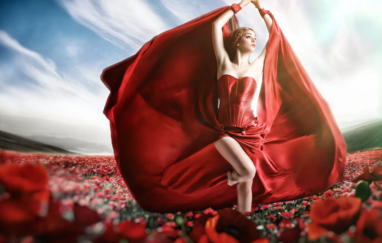 Photo wallpaper flowers, pose, style, model, dress, red dress, Jessica Truscott