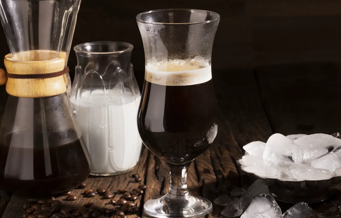 Photo wallpaper ice, Board, glass, coffee, milk, Bank, coffee beans, foam