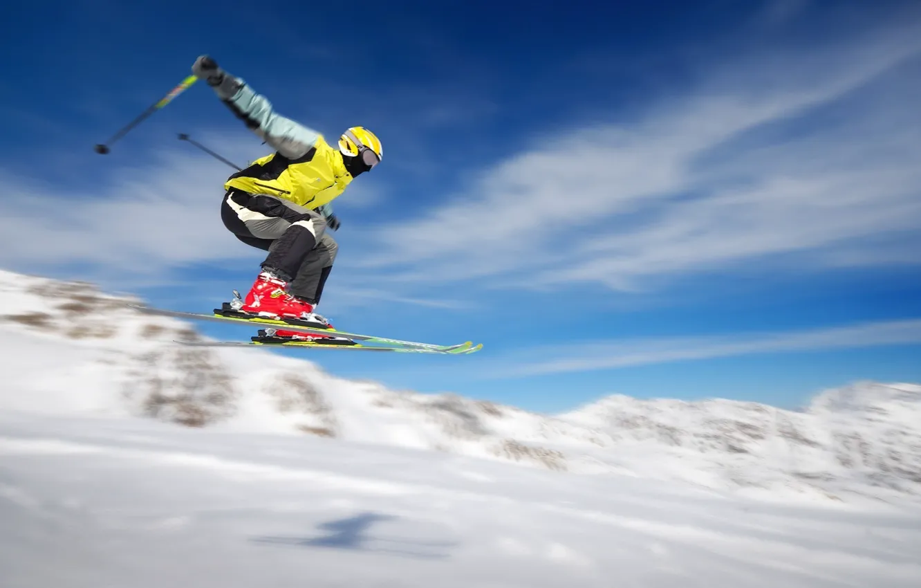 Photo wallpaper snow, flight, movement, sport, extreme, skier