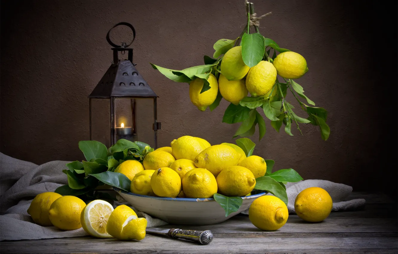 Photo wallpaper the dark background, lemon, food, lights, dishes, fruit, still life, composition