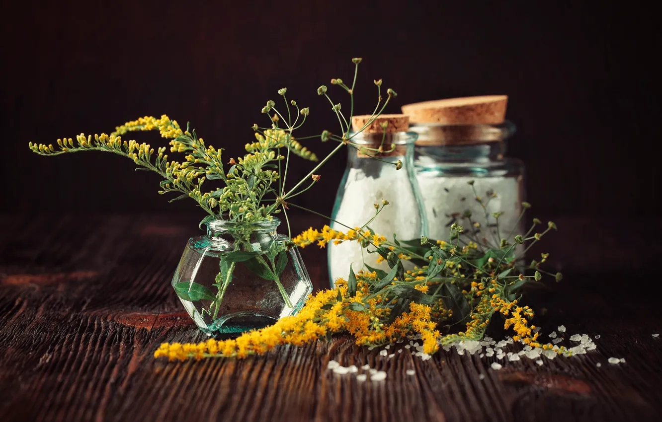 Photo wallpaper flowers, the dark background, Board, jars, still life, salt, salt shaker