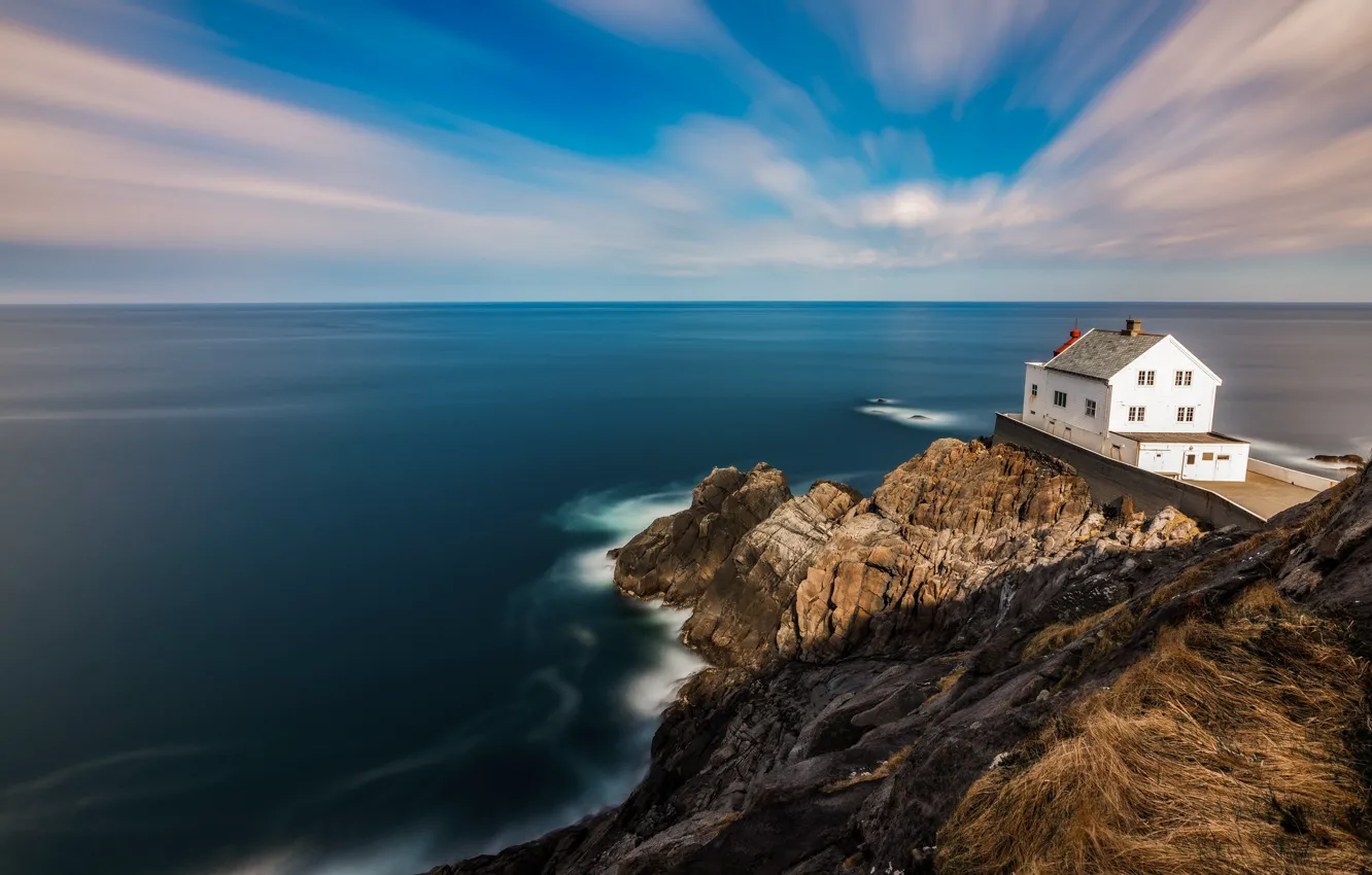 Photo wallpaper sea, landscape, nature, rocks, lighthouse, home, horizon, Norway
