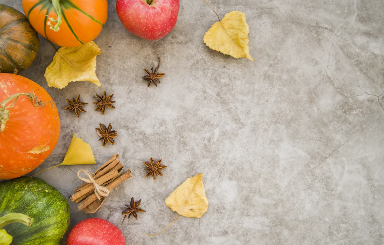 Photo wallpaper autumn, leaves, apples, pumpkin, fruit, wood, autumn, leaves