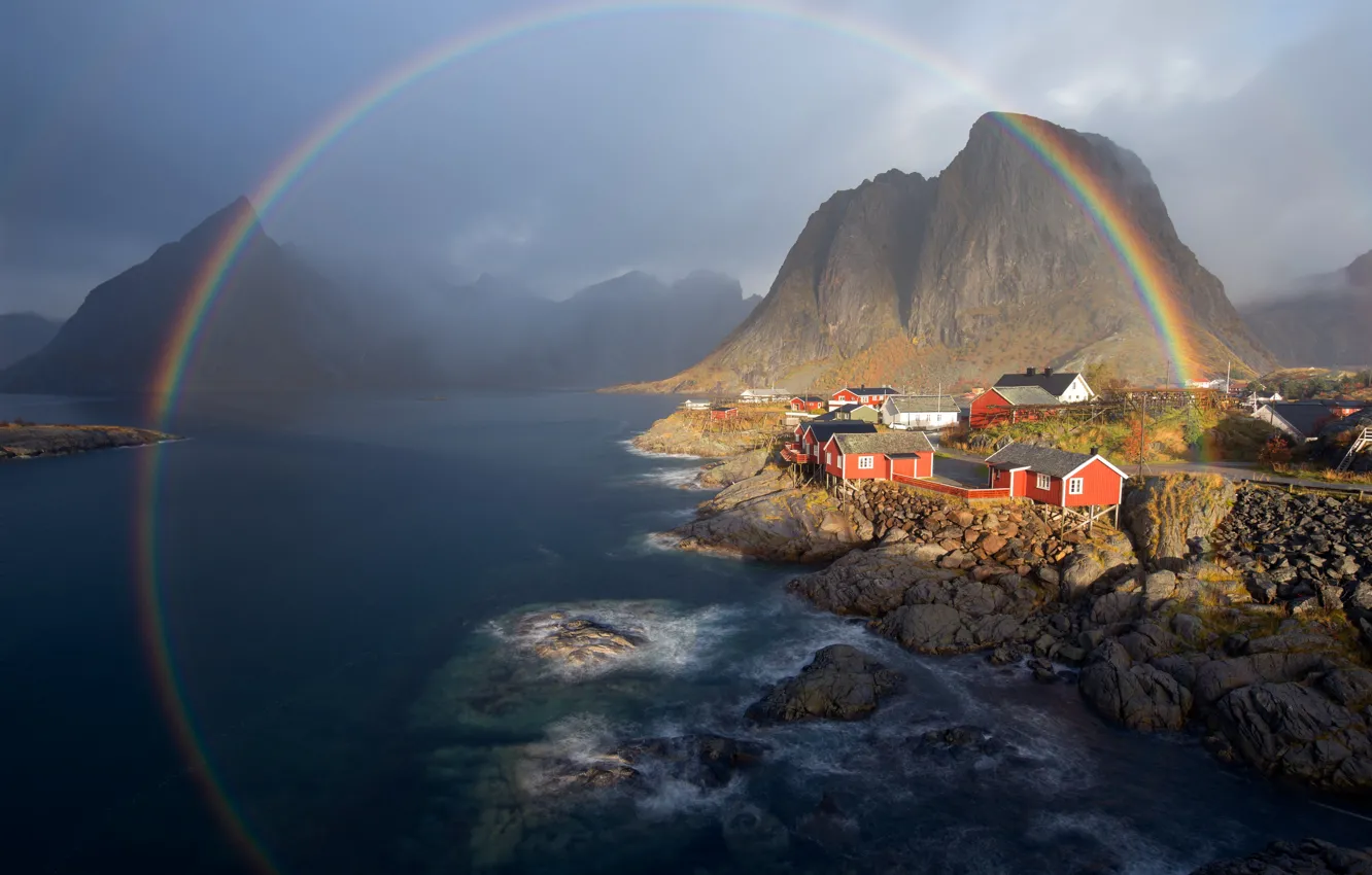 Photo wallpaper mountains, stones, rocks, rainbow, settlement