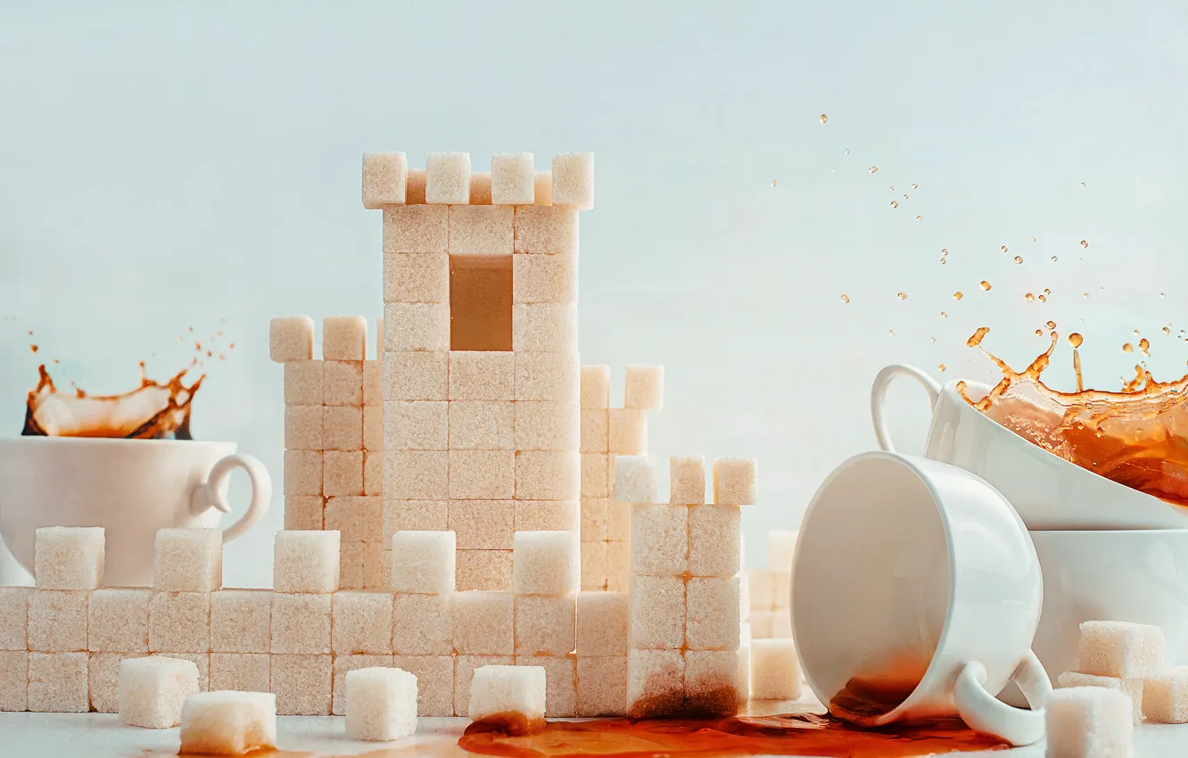 Photo wallpaper castle, tea, Cup, sugar, Rafinad