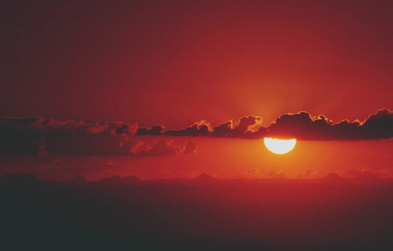 Photo wallpaper the sky, the sun, clouds, sunset, mountains, lights, the evening, silhouette