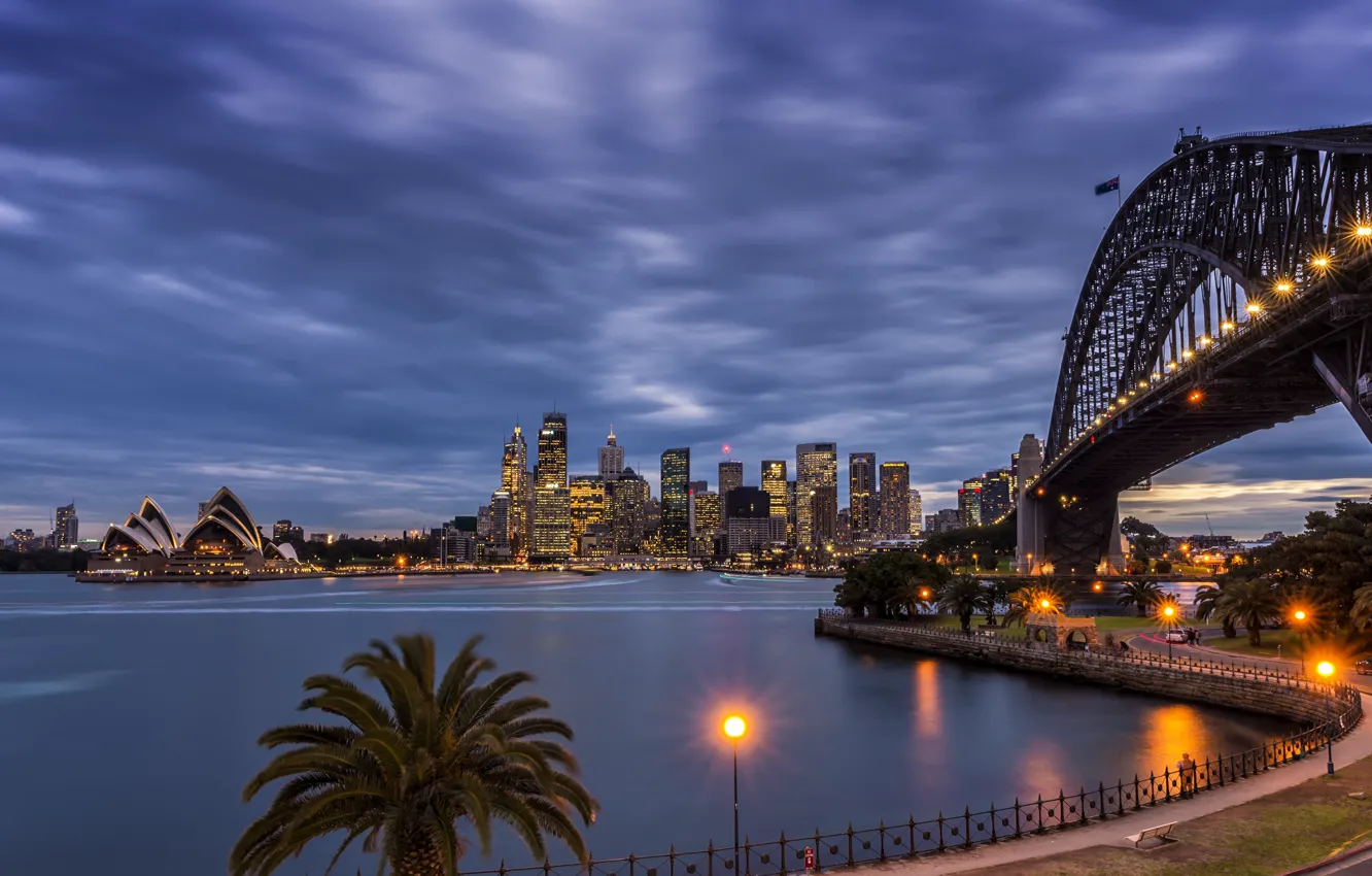 Photo wallpaper road, bridge, the city, building, home, the evening, lighting, Australia