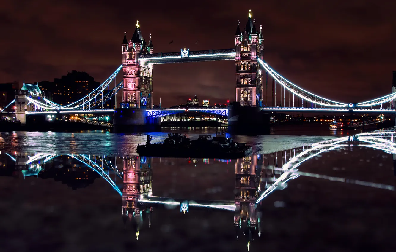 Photo wallpaper reflection, night, bridge, the city, England, London, backlight