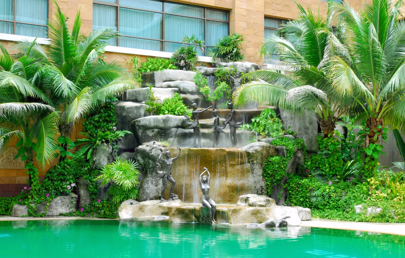 Photo wallpaper design, style, Villa, home, pool, fountain, architecture, exterior