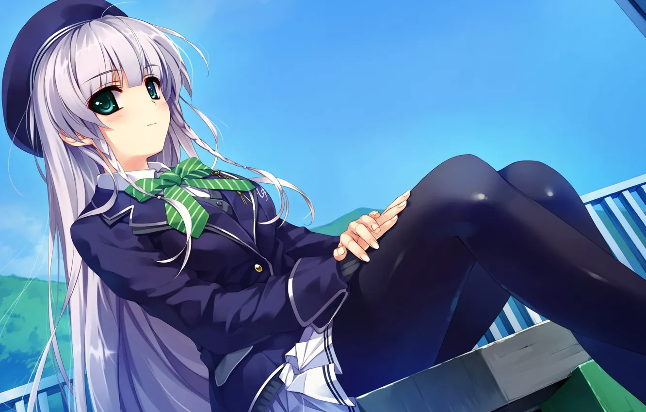 Photo wallpaper look, girl, bench, street, form, art, embarrassment, kuroya shinobu