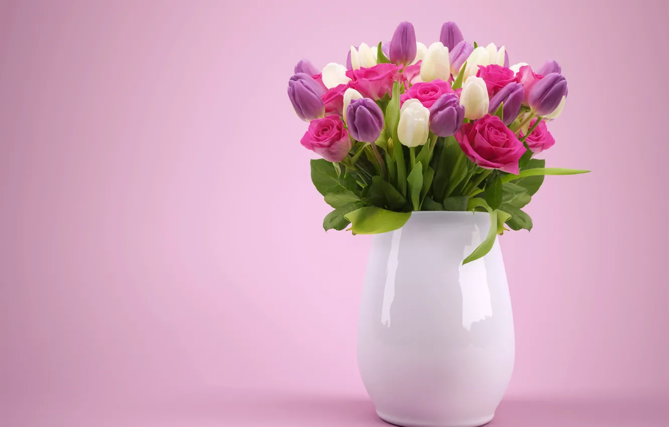 Photo wallpaper flowers, roses, bouquet, tulips, vase