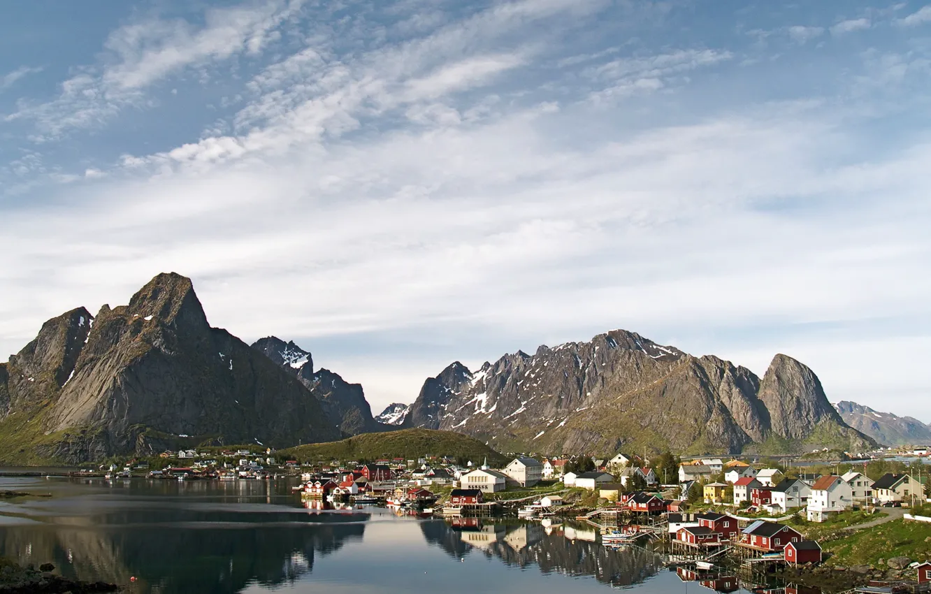 Photo wallpaper the sky, water, mountains, village