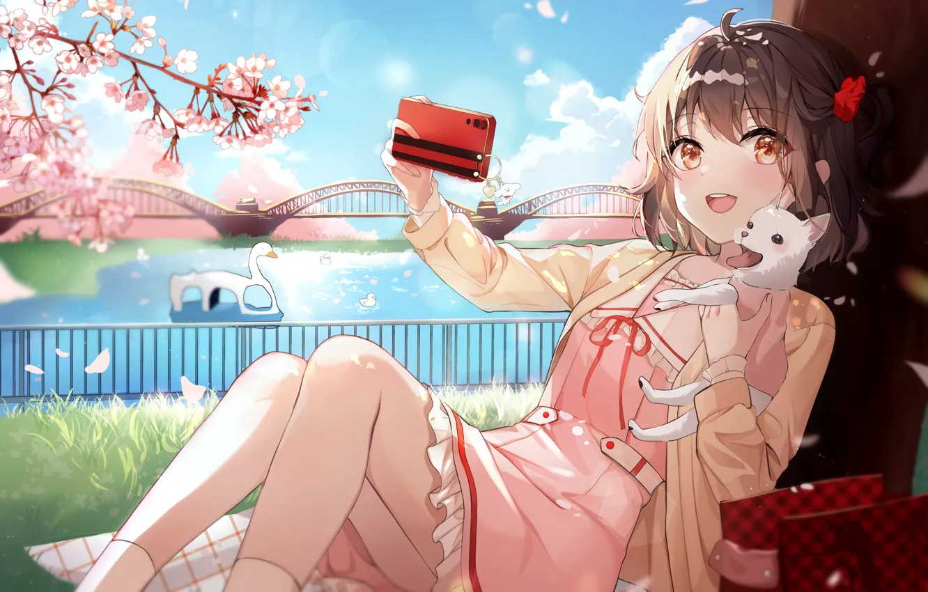 Photo wallpaper Park, dog, Sakura, girl, selfie