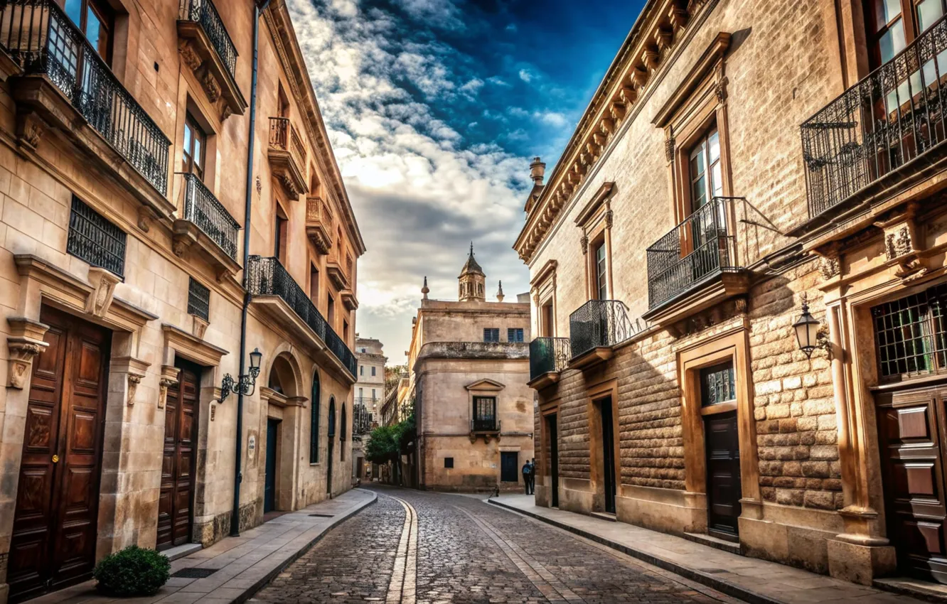 Photo wallpaper city, the city, street, home, view, street, buildings, cobblestone