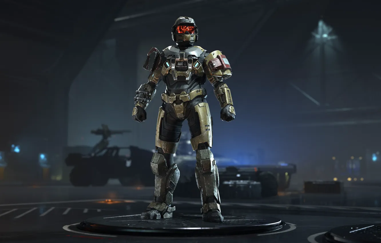 Photo wallpaper the game, technology, technique, warrior, hangar, helmet, game, protective suit
