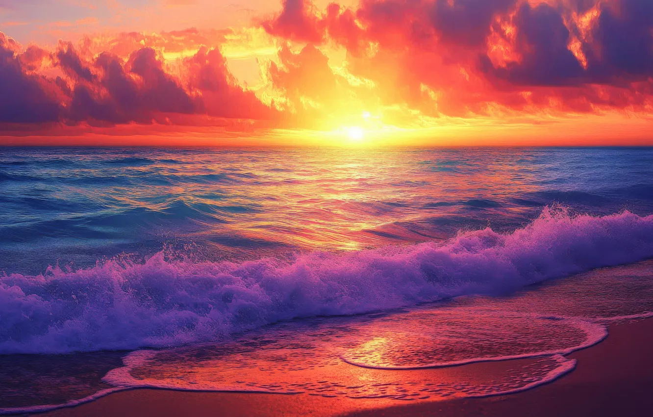Photo wallpaper wave, beach, sunset, the ocean, colorful, waves, beach, ocean