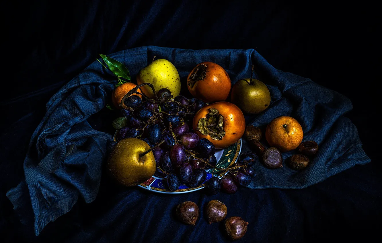 Photo wallpaper blue, the dark background, apples, food, grapes, fabric, fruit, black background