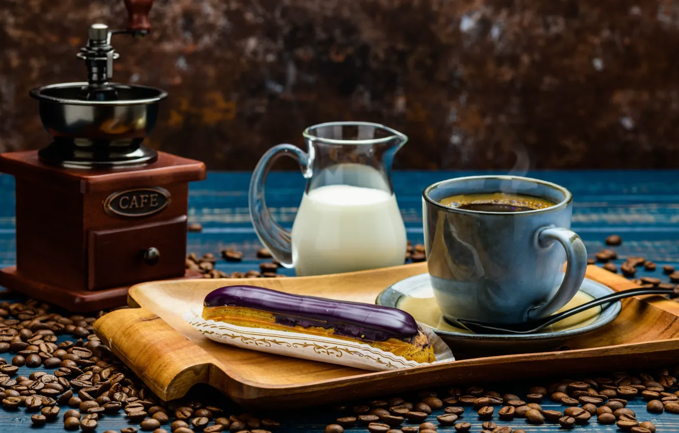 Photo wallpaper coffee, cream, Cup, cake, coffee beans, eclairs