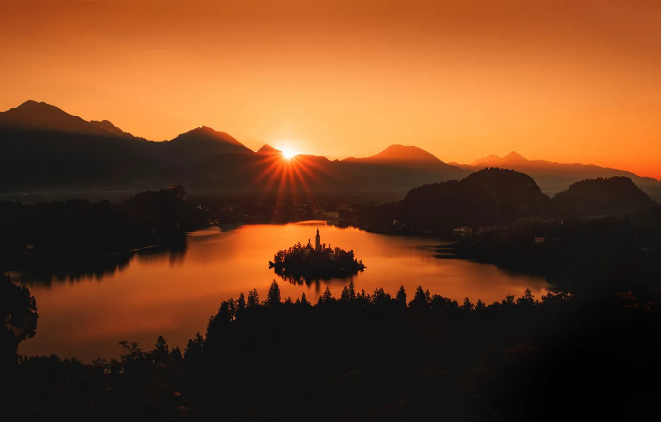 Photo wallpaper city, twilight, sunset, mountains, dusk, Lake Bled, Slovenia, church