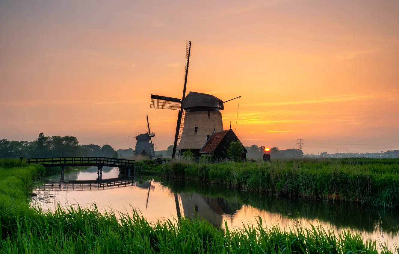 Photo wallpaper field, forest, the sky, landscape, sunset, bridge, nature, river
