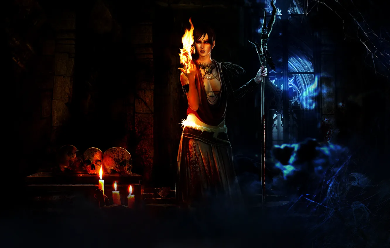 Photo wallpaper fire, web, candles, skull, witch, Morrigan, Dragon Age