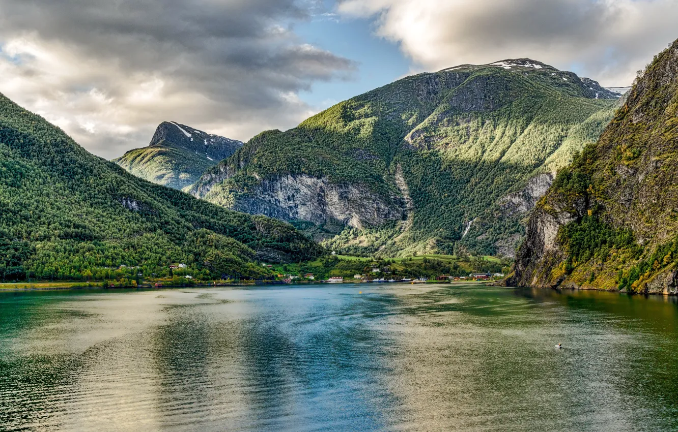 Photo wallpaper forest, clouds, mountains, rocks, shore, Norway, Bay, the fjord