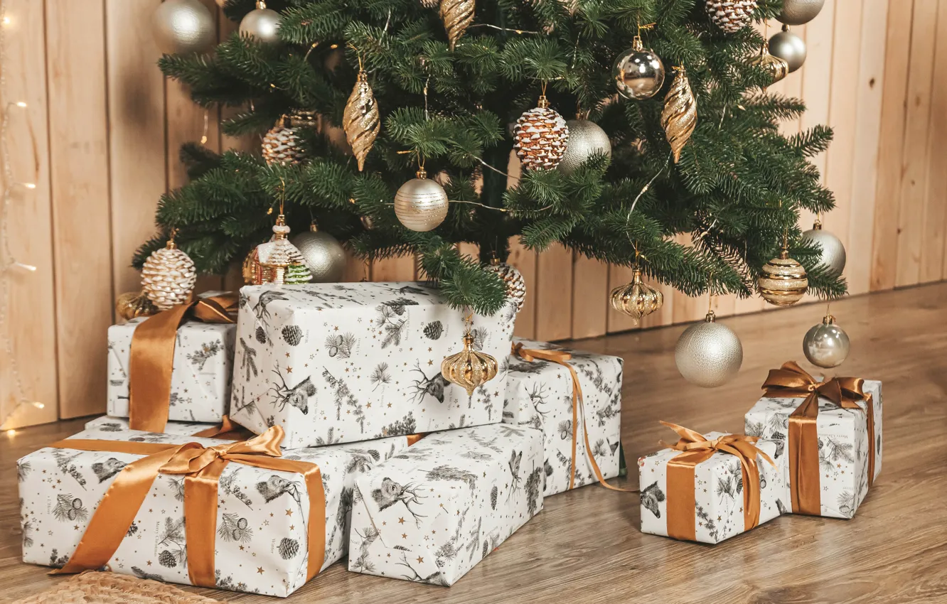 Photo wallpaper holiday, toys, new year, gifts, tree, ribbons, box