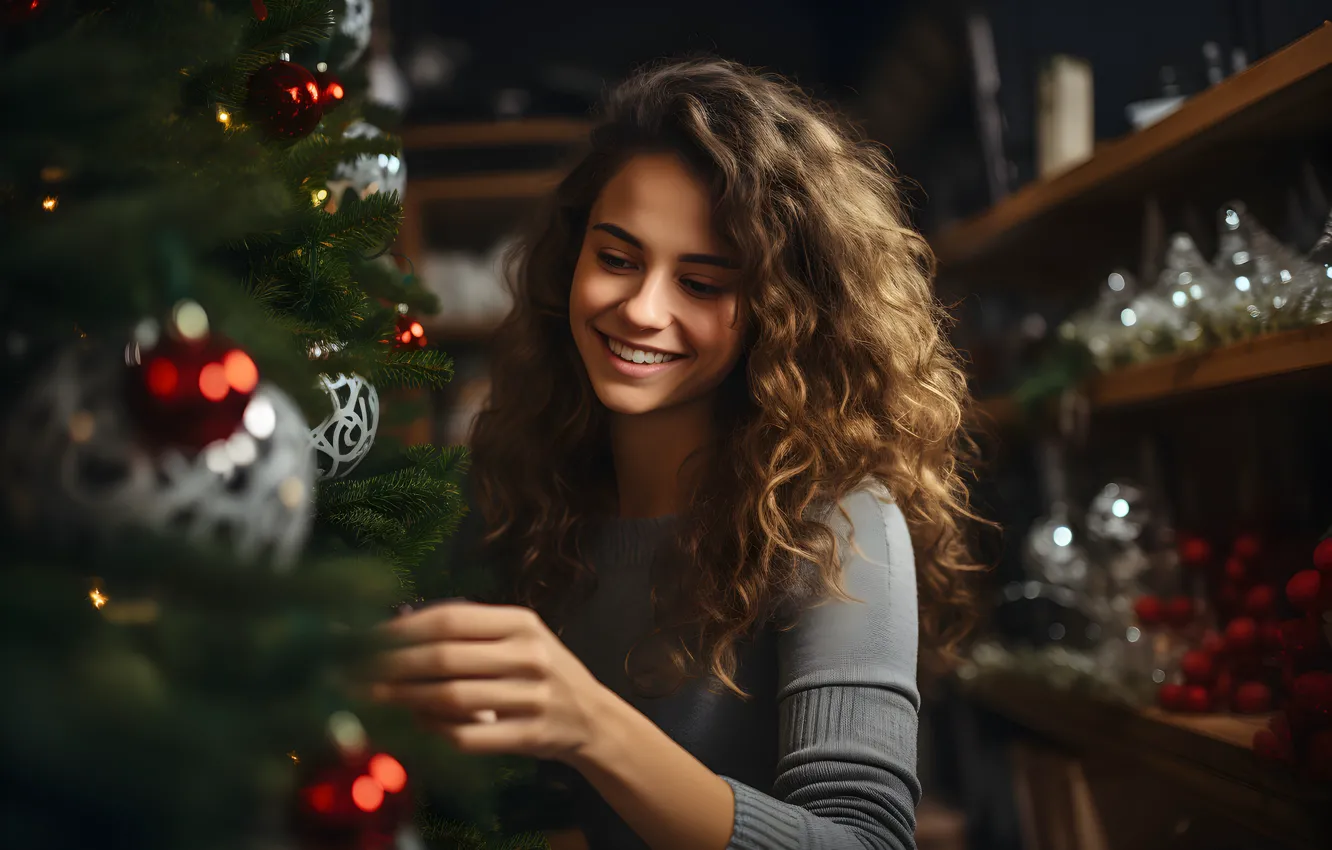 Photo wallpaper girl, joy, face, smile, emotions, holiday, new year, portrait