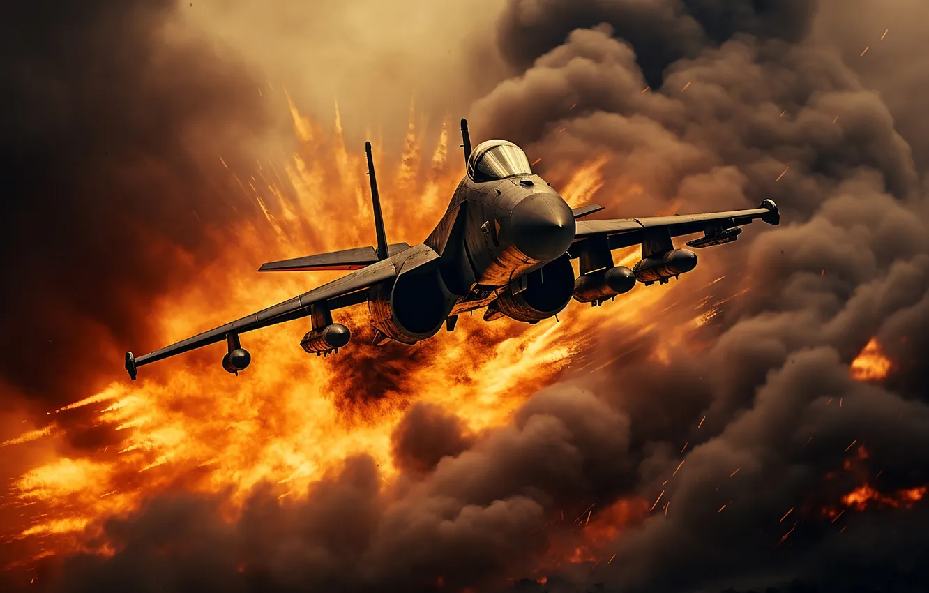 Photo wallpaper flight, the explosion, lights, smoke, fighter, the plane, front, digital art