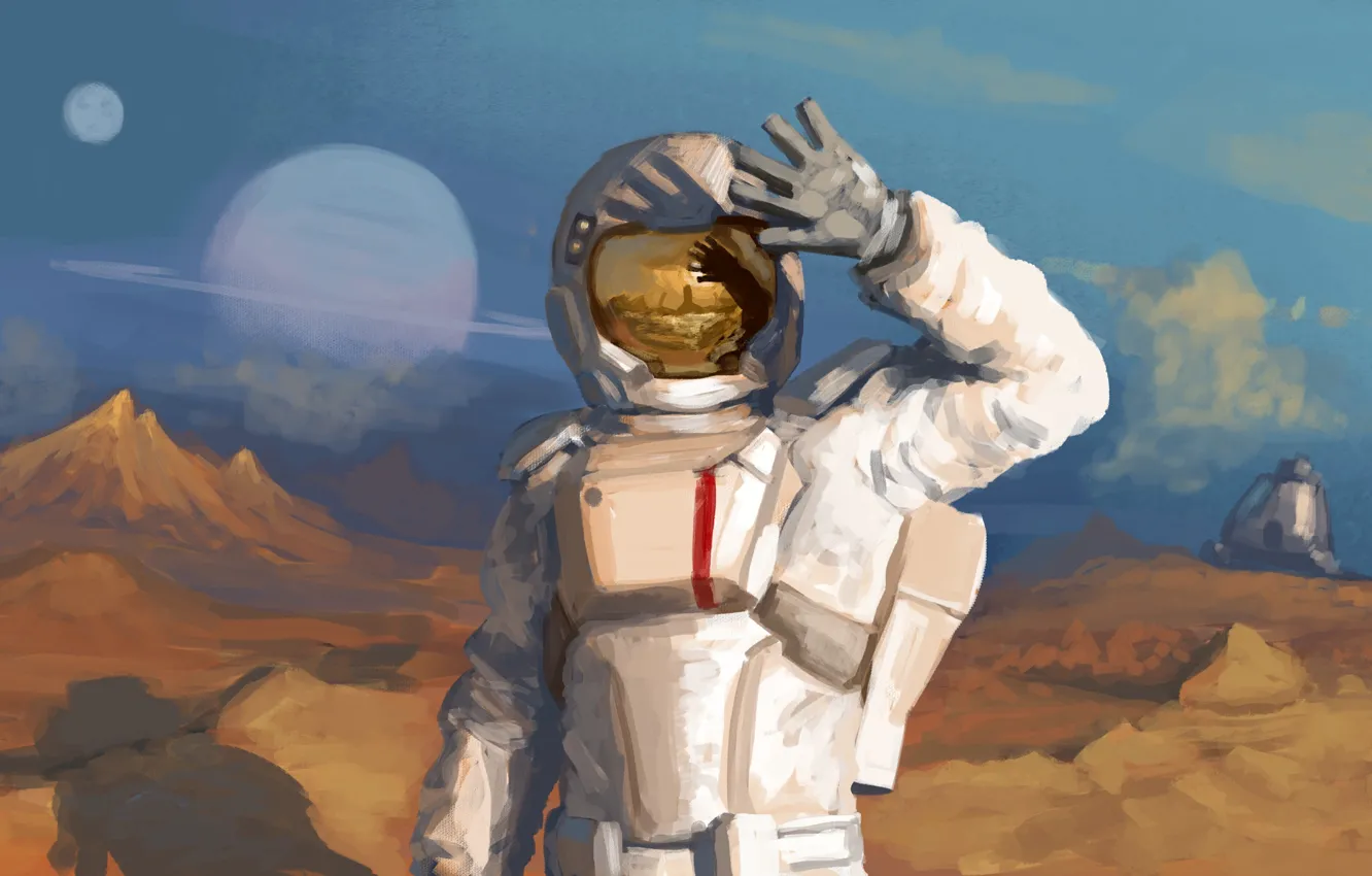 Photo wallpaper light, reflection, planet, astronaut, the suit, helmet, astronaut