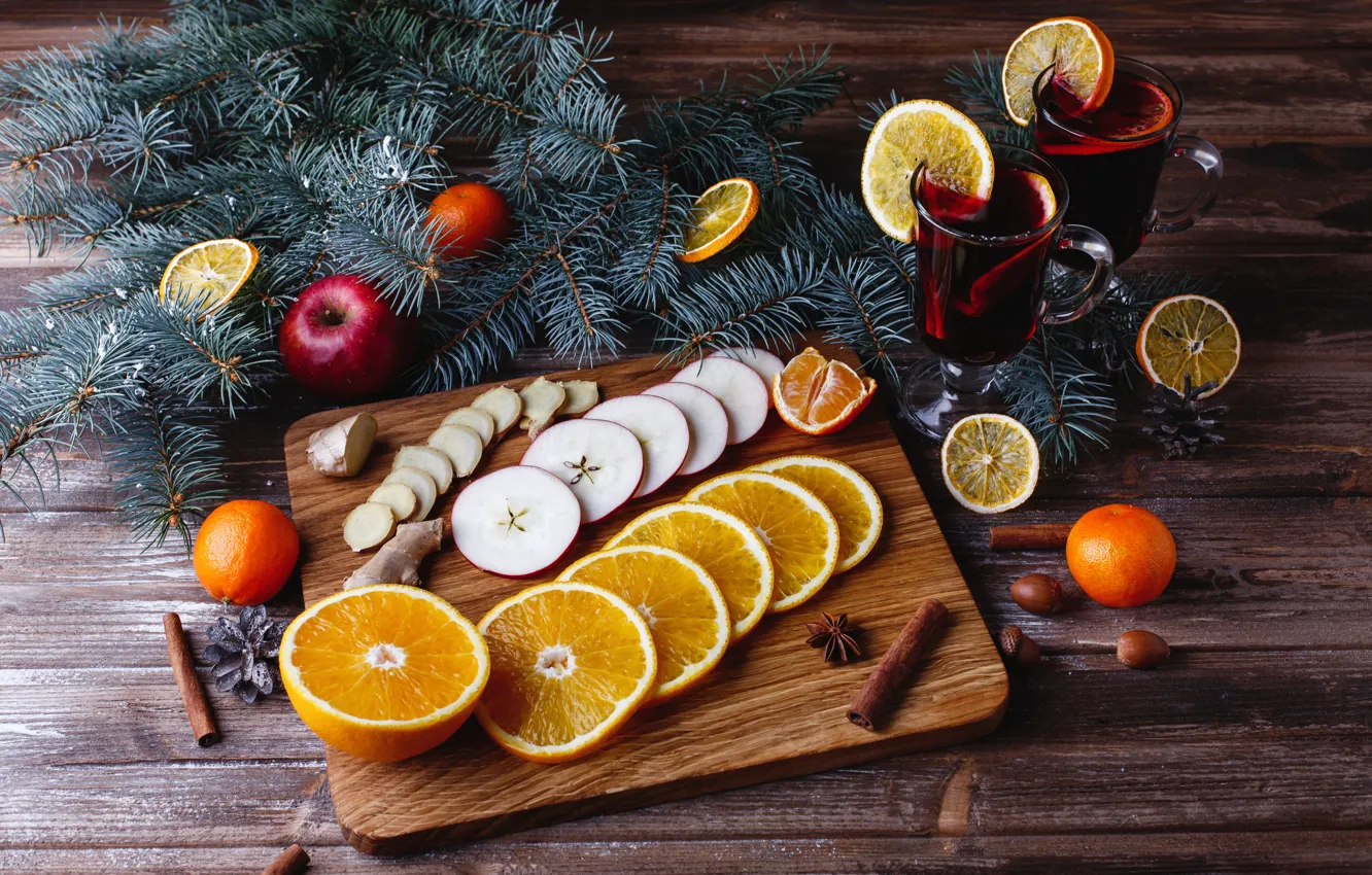 Photo wallpaper decoration, oranges, New Year, Christmas, Christmas, wood, fruit, orange