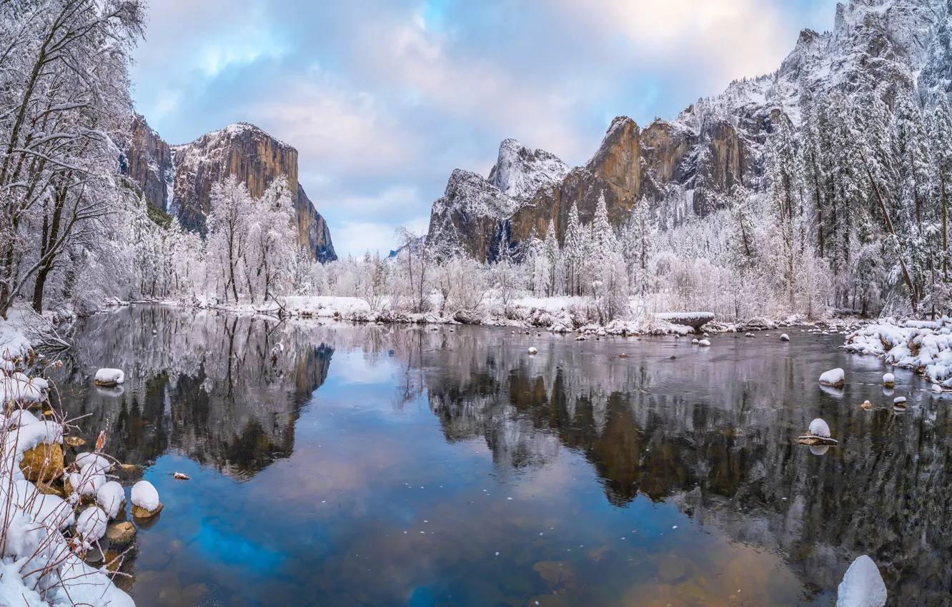 Photo wallpaper winter, snow, trees, river, rocks, CA, USA, Yosemite