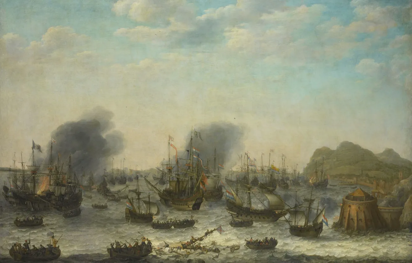 Photo wallpaper ship, oil, picture, sail, canvas, battle, Victory over the Spaniards at Gibraltar, Adam Willaerts