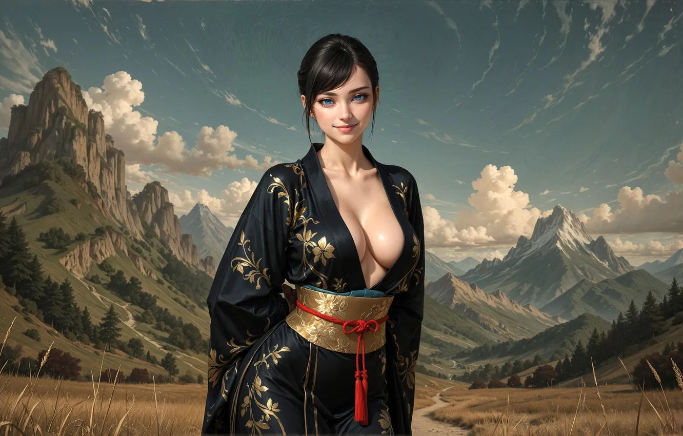 Photo wallpaper road, valley, belt, neckline, cutie, Bathrobe, bust, digital art