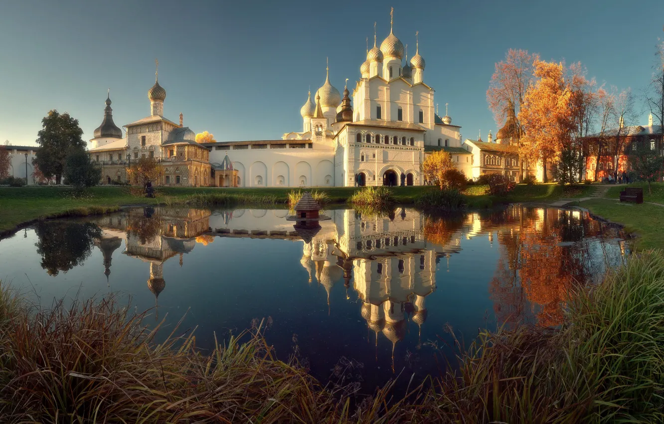 Photo wallpaper autumn, landscape, nature, pond, reflection, temple, The Kremlin, Rostov