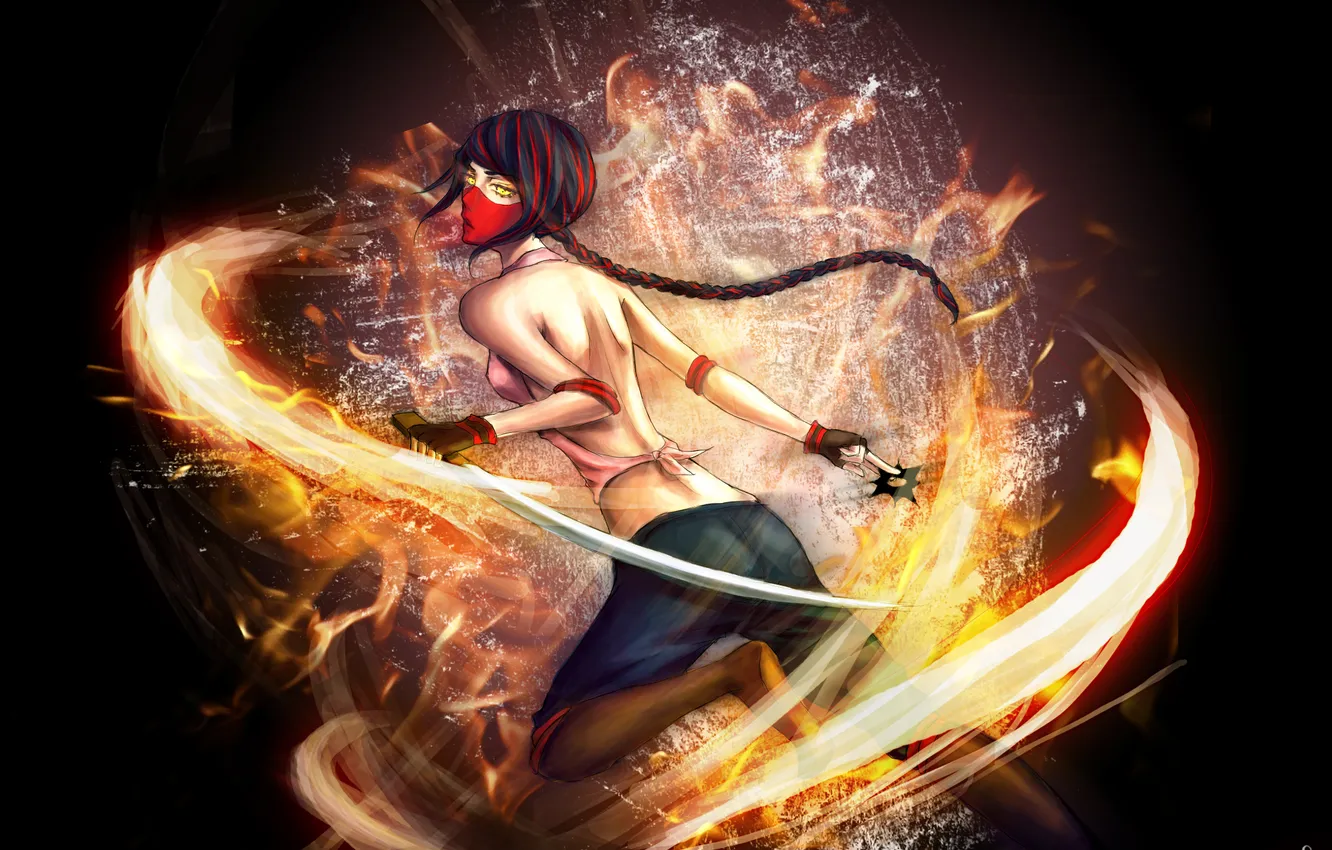 Photo wallpaper girl, the dark background, weapons, art, braid, assassin