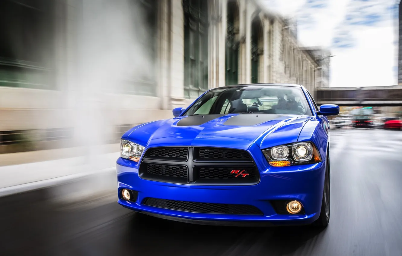 Photo wallpaper blue, the city, lights, The hood, Dodge, Charger, the front, Dayton