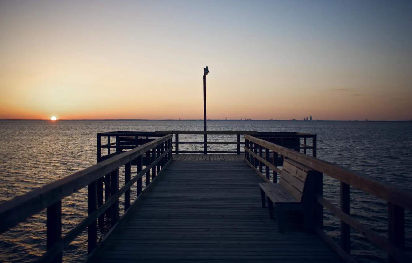 Photo wallpaper sea, the sun, sunset, bench, mood, Wallpaper, horizon, pierce