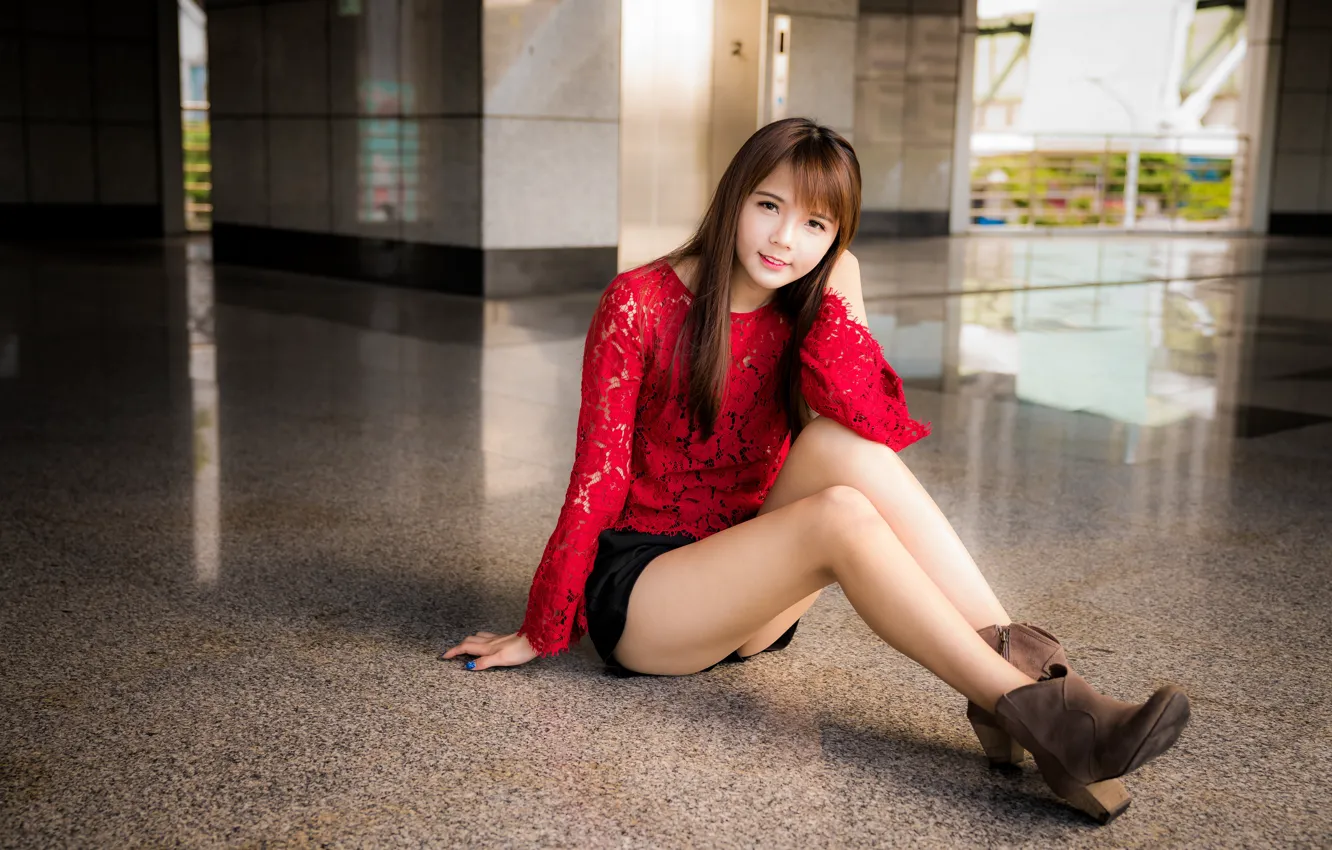Photo wallpaper look, girl, shorts, blouse, legs, Asian, sitting