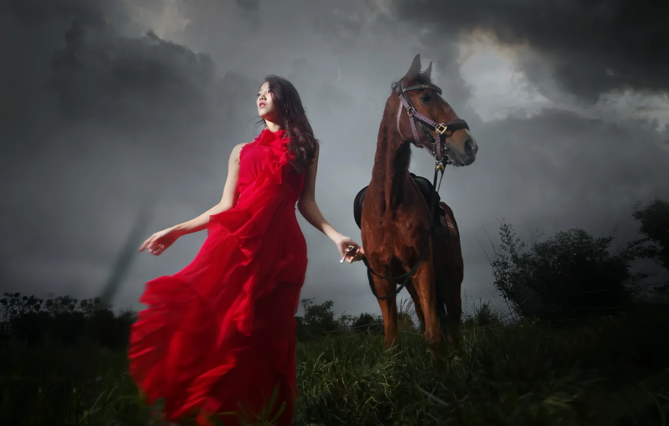 Photo wallpaper girl, nature, horse