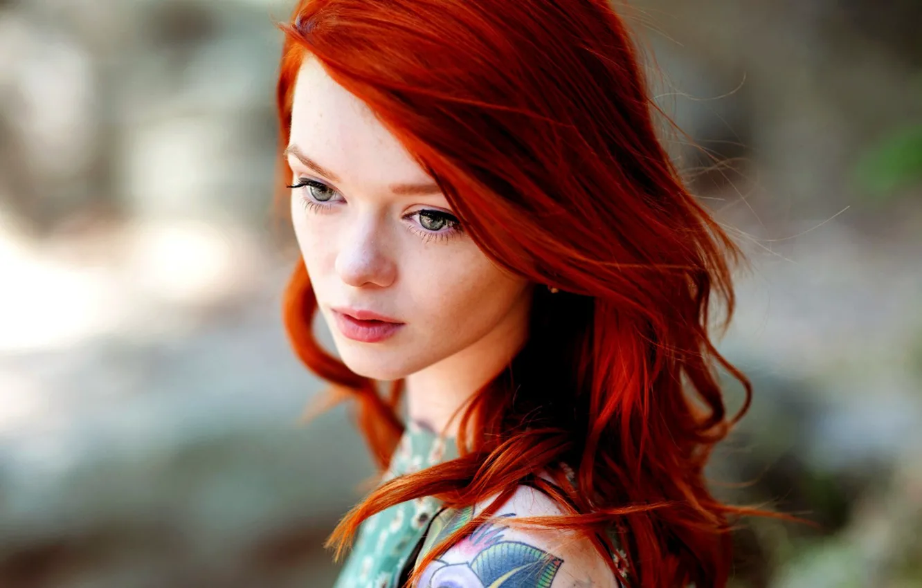 Photo wallpaper girl, model, tattoo, face, redhead