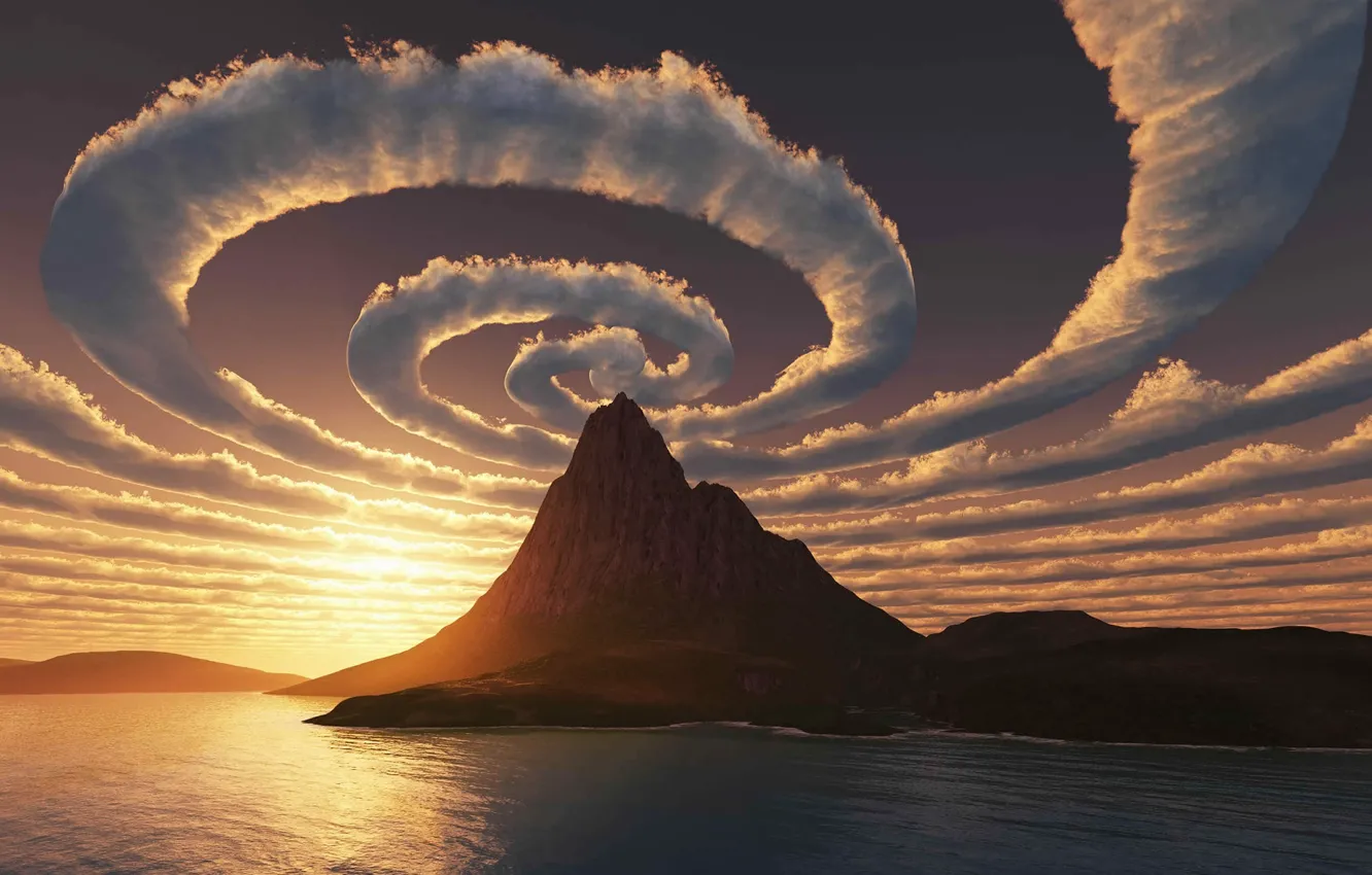 Photo wallpaper sea, the sky, clouds, mountain, spiral, top