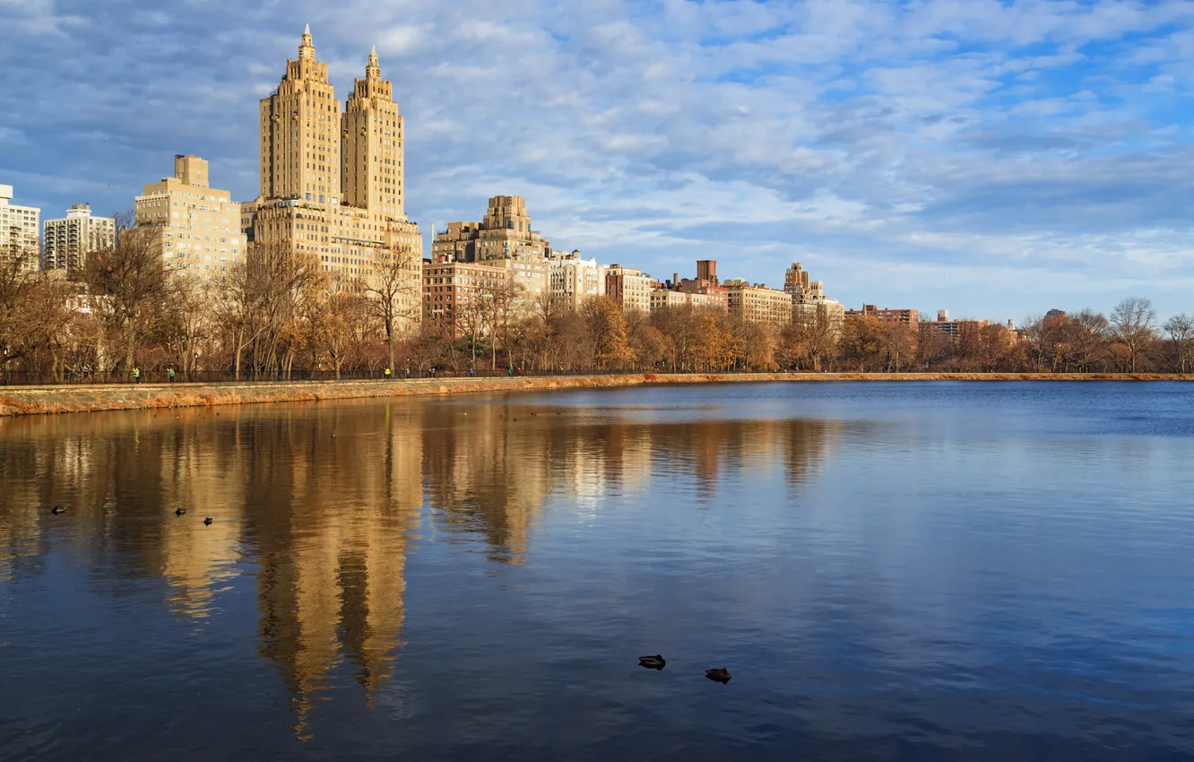 Photo wallpaper autumn, the sky, clouds, trees, the city, blue, shore, building