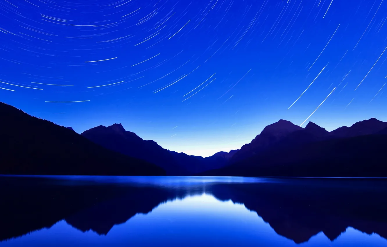 Photo wallpaper stars, mountains, night, lake, reflection