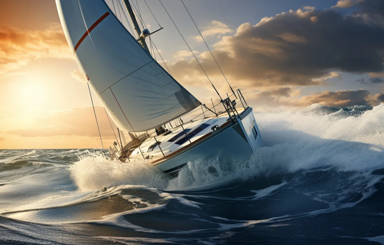 Photo wallpaper sea, wave, boat, sail, swimming, sailing boat, AI art, neural network