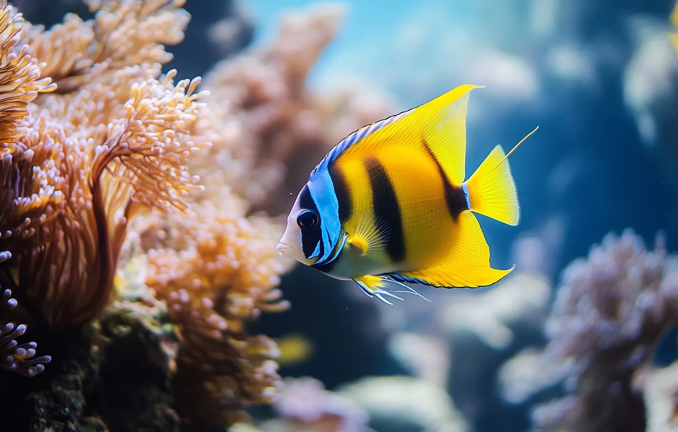 Photo wallpaper sea, water, the ocean, fish, fish, corals, underwater world, yellow