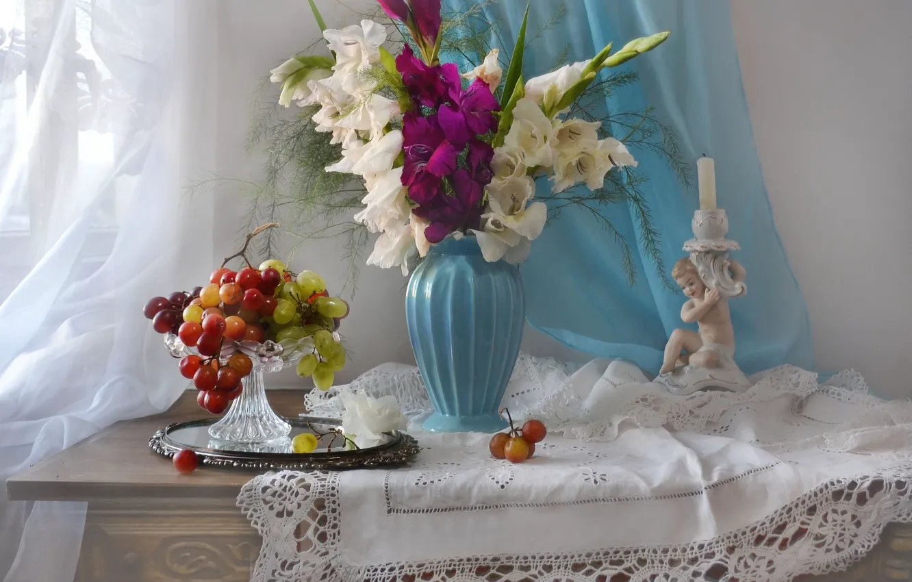 Photo wallpaper flowers, table, bouquet, candles, grapes, vase, figurine, still life