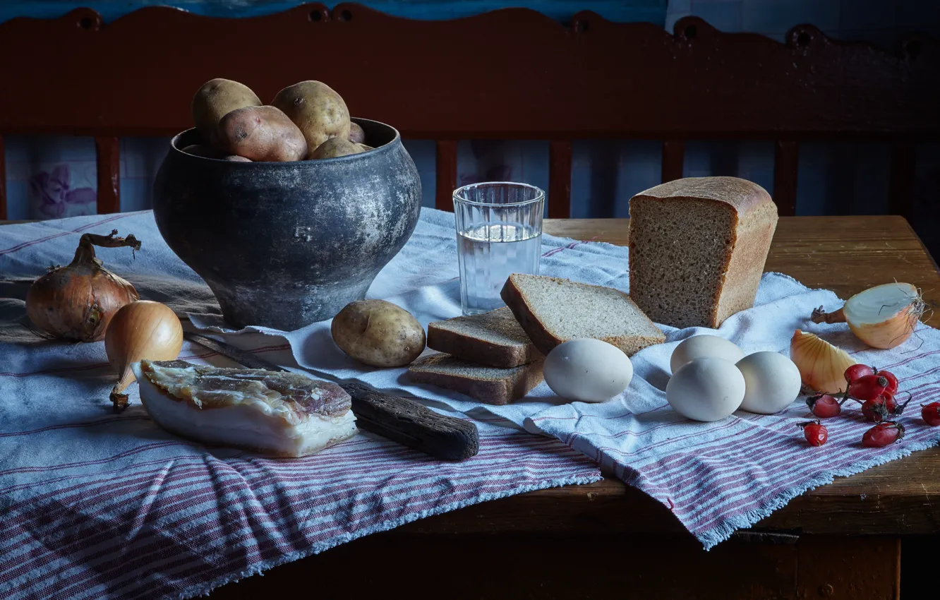 Photo wallpaper glass, eggs, village, bow, briar, bread, still life, vodka